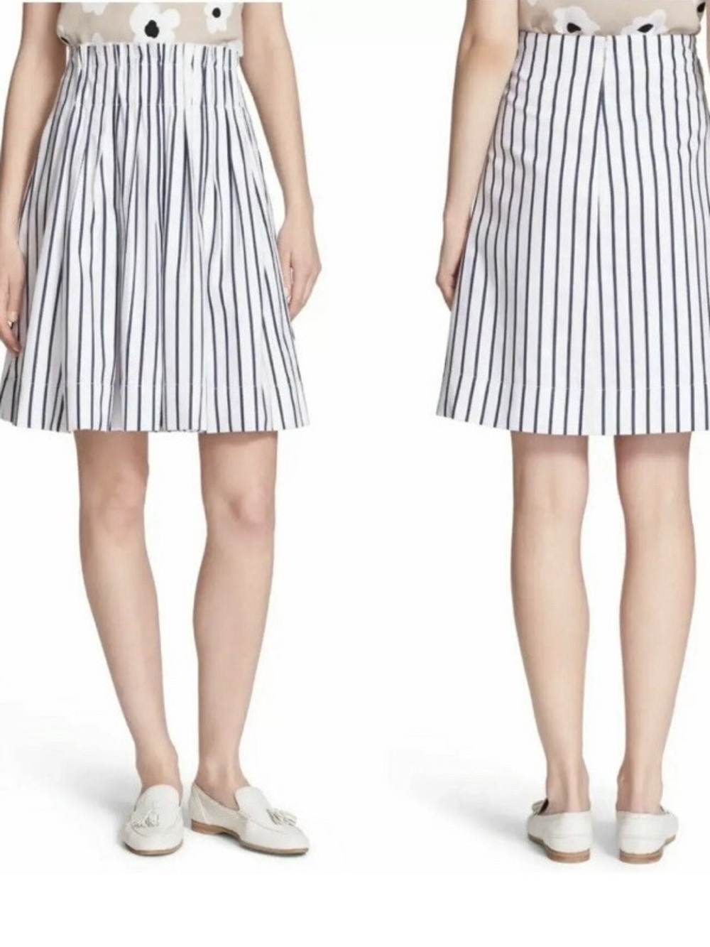 Kate Spade Broome Street White and Navy Striped A-Line knee length Skirt